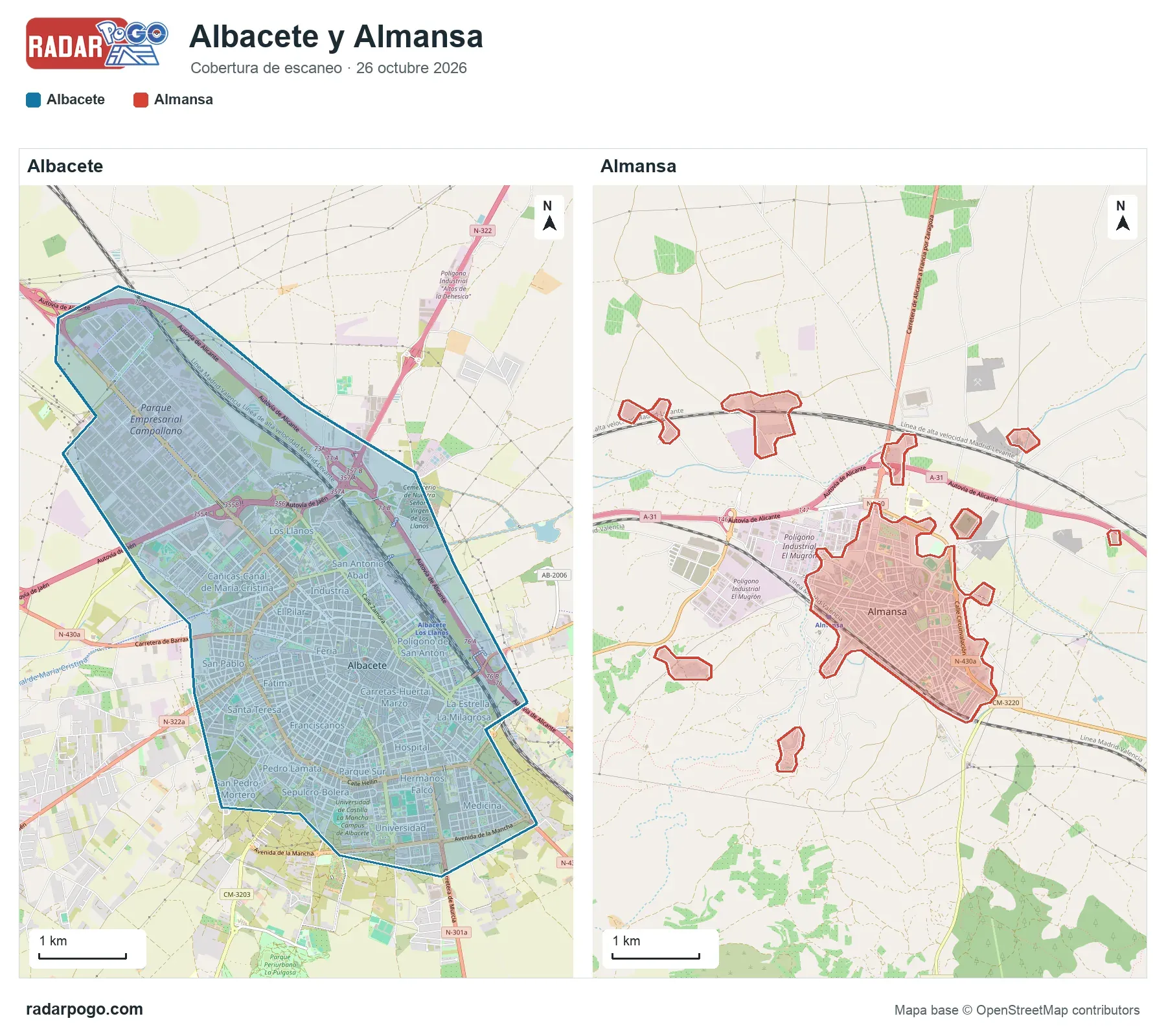 Mapa de la zona que escanea el radar de Albacete, sobre OpenStreetMap: Altozano y Catedral, Paseo de la Libertad, Parque Abelardo Sánchez, Parque Lineal e Imaginalia, Parque de la Fiesta del Árbol, Recinto ferial, Plaza de toros, Estación de tren y 5 zonas más.