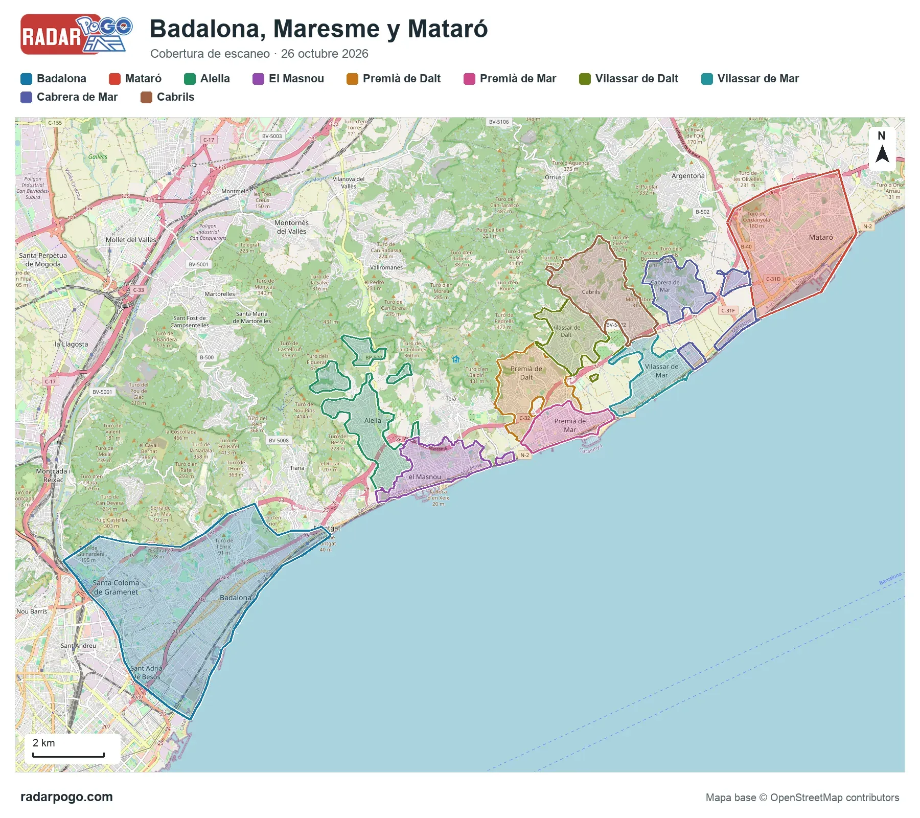 Mapa de la zona que escanea el radar de Badalona, sobre OpenStreetMap: Badalona, Santa Coloma de Gramenet, Sant Adrià de Besòs, Alella, El Masnou, Premià de Dalt, Premià de Mar, Vilassar de Dalt y 4 zonas más.