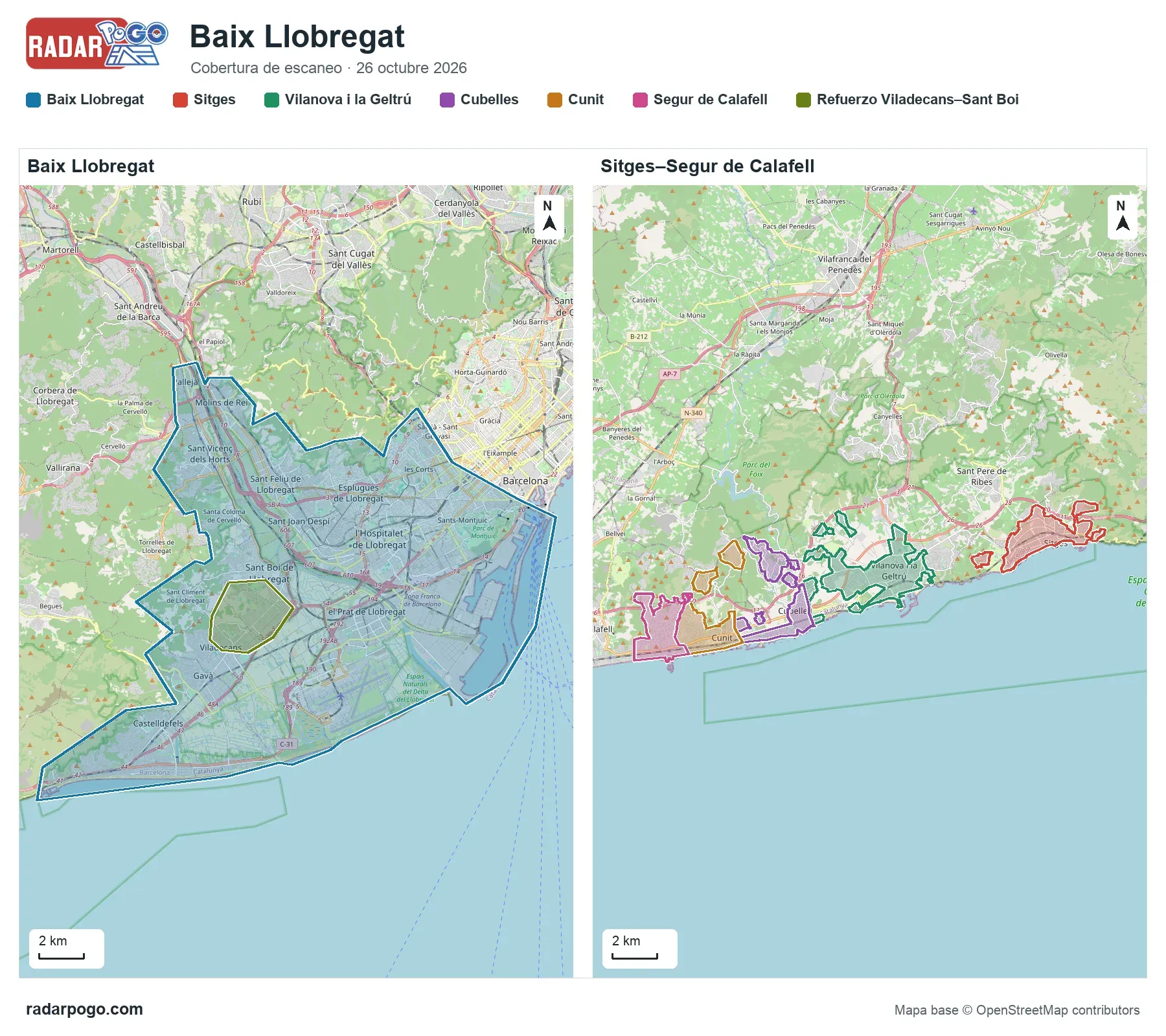 Mapa de la zona que escanea el radar de Baix Llobregat, sobre OpenStreetMap: L'Hospitalet de Llobregat, Cornellà de Llobregat, Esplugues de Llobregat, Sant Joan Despí, Sant Just Desvern, Sant Feliu de Llobregat, Molins de Rei, Pallejà y 13 zonas más.