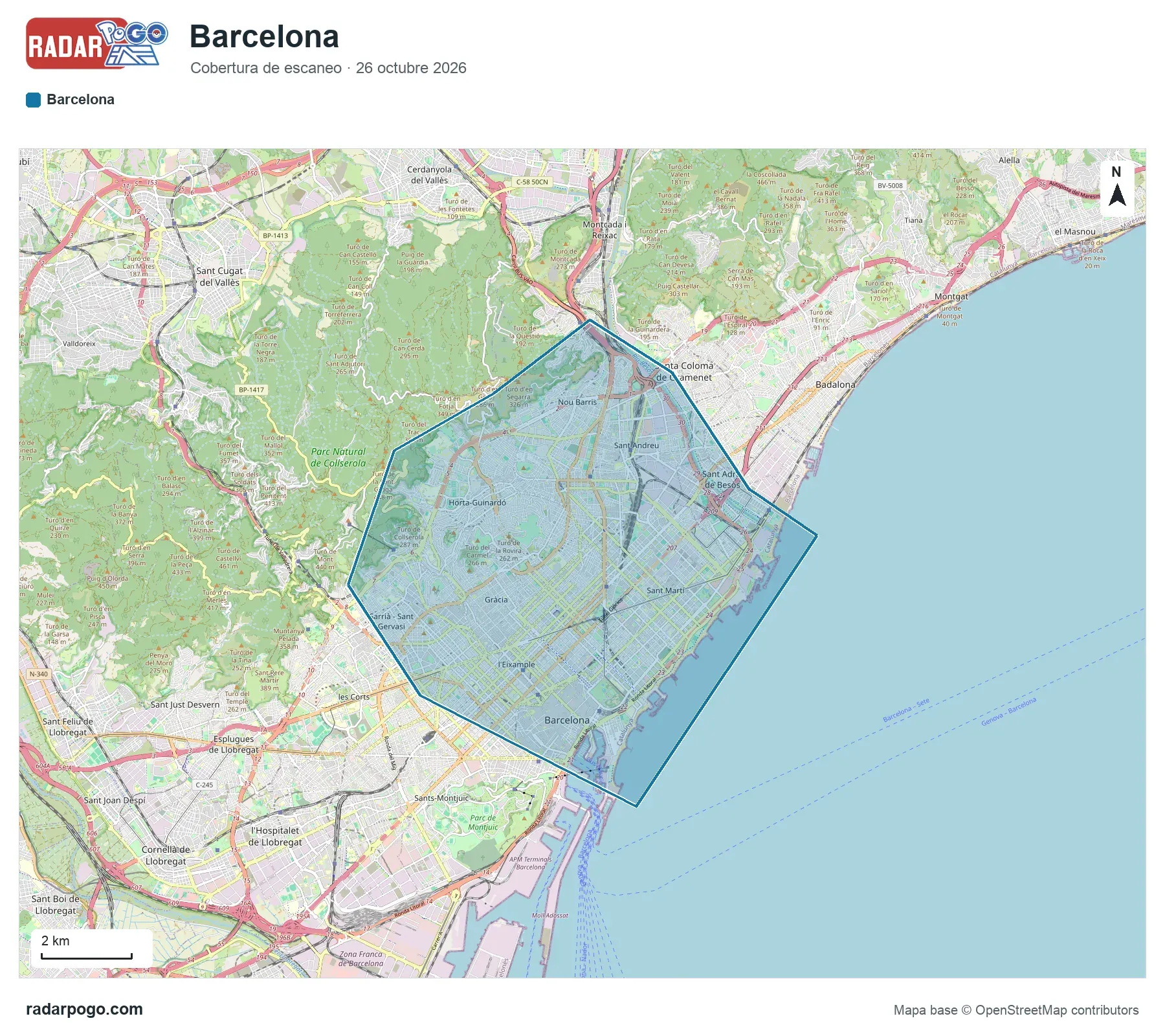 Mapa de la zona que escanea el radar de Barcelona, sobre OpenStreetMap: Ciutat Vella y la Barceloneta, Eixample, Sants, el Poble-sec y Montjuïc, Les Corts y Pedralbes, Sarrià-Sant Gervasi, Gràcia, Horta-Guinardó, Nou Barris y 2 zonas más.