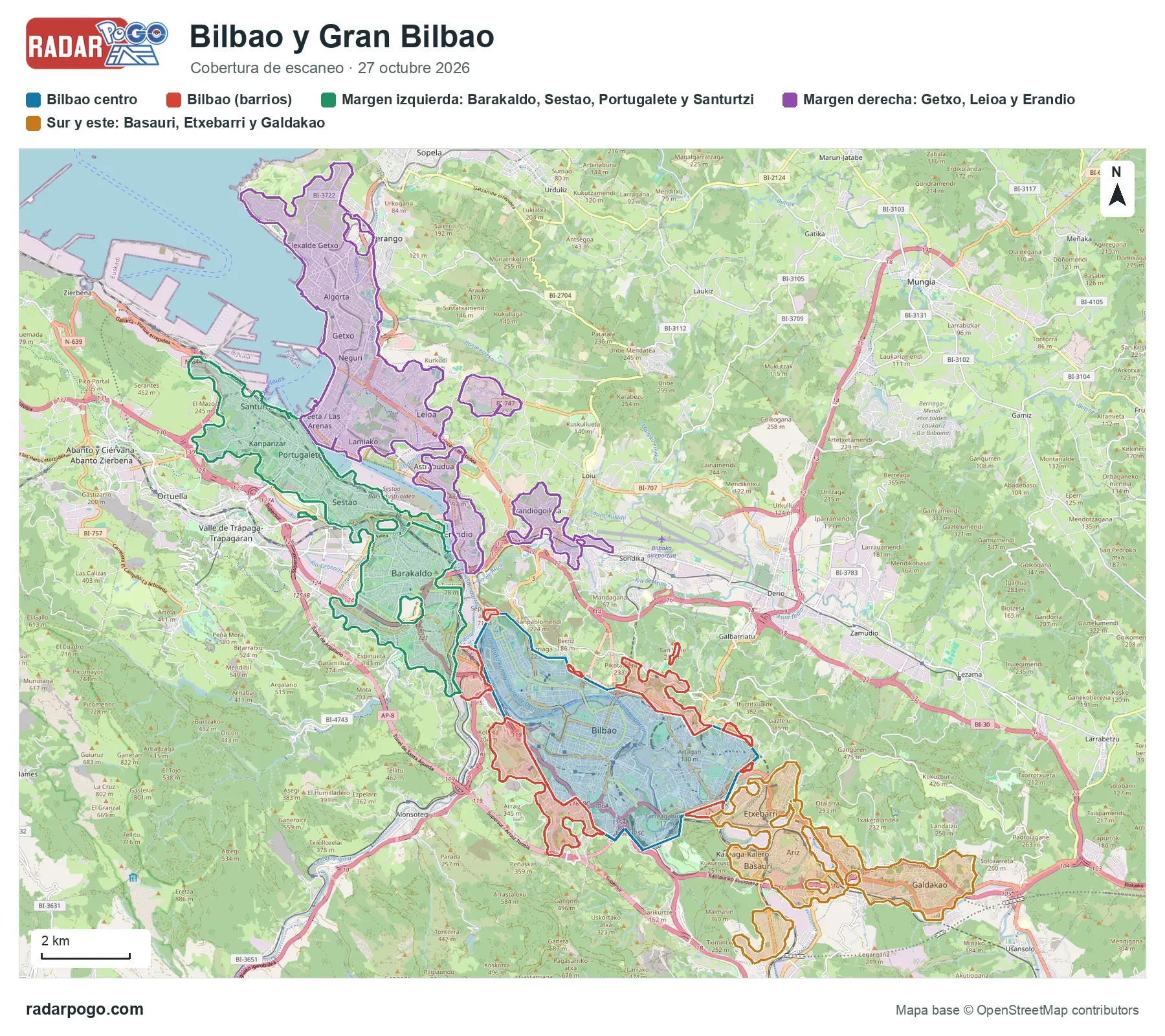 Mapa de la zona que escanea el radar de Bilbao, sobre OpenStreetMap: Abando, Indautxu y Casco Viejo, Deusto y San Ignazio, Santutxu, Begoña, Txurdinaga y Otxarkoaga, Basurto, Zorrotza, Altamira y Errekalde, Peñascal, Uretamendi, Miribilla, La Peña y Bolueta, Barakaldo, Sestao, Portugalete y 7 zonas más.