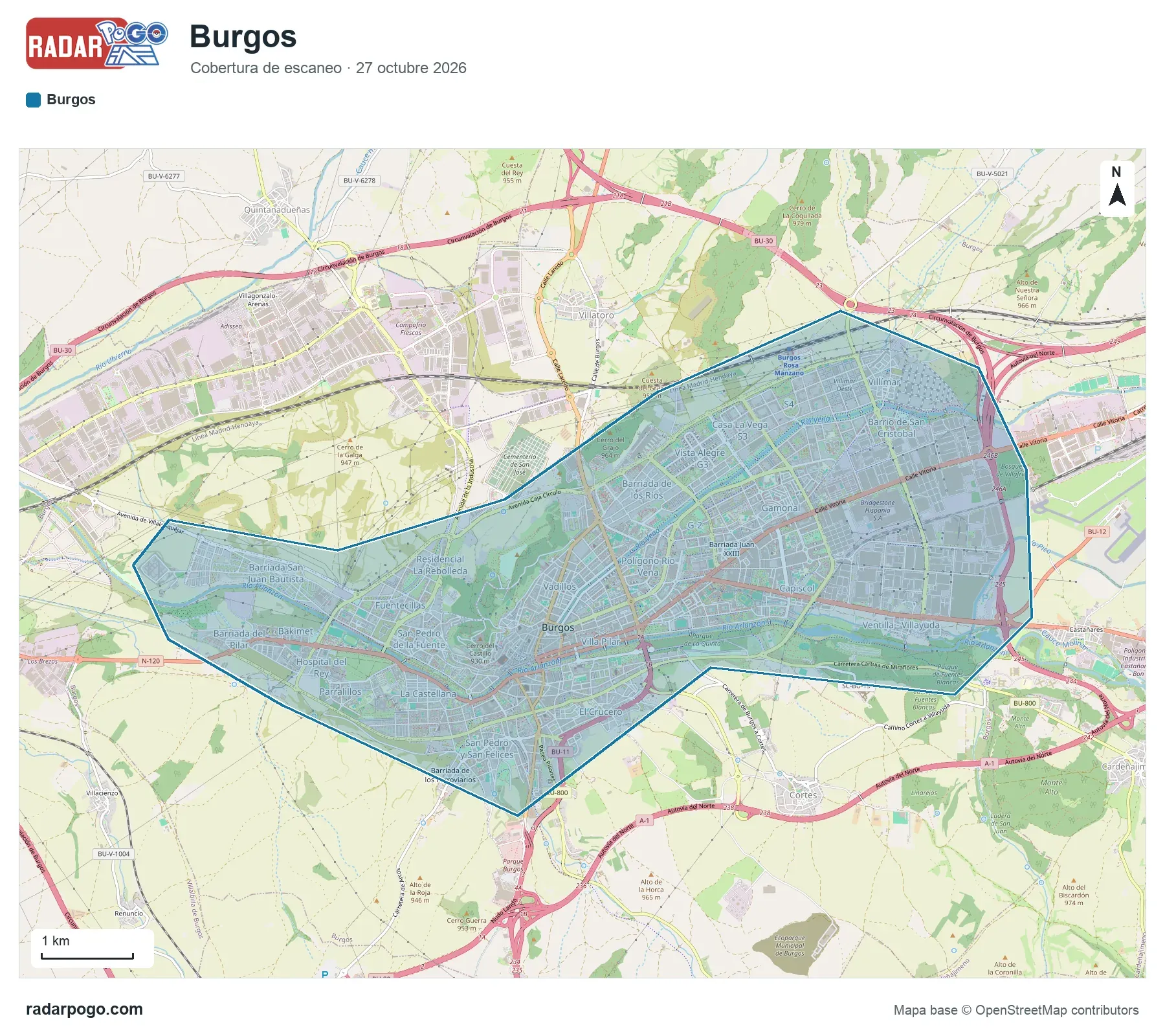 Mapa de la zona que escanea el radar de Burgos, sobre OpenStreetMap: Centro y entorno de la Catedral, Gamonal, Capiscol, Vadillos y Los Ríos, Fuentecillas y San Pedro de la Fuente, La Castellana, San Pedro y San Felices, El Crucero y 2 zonas más.