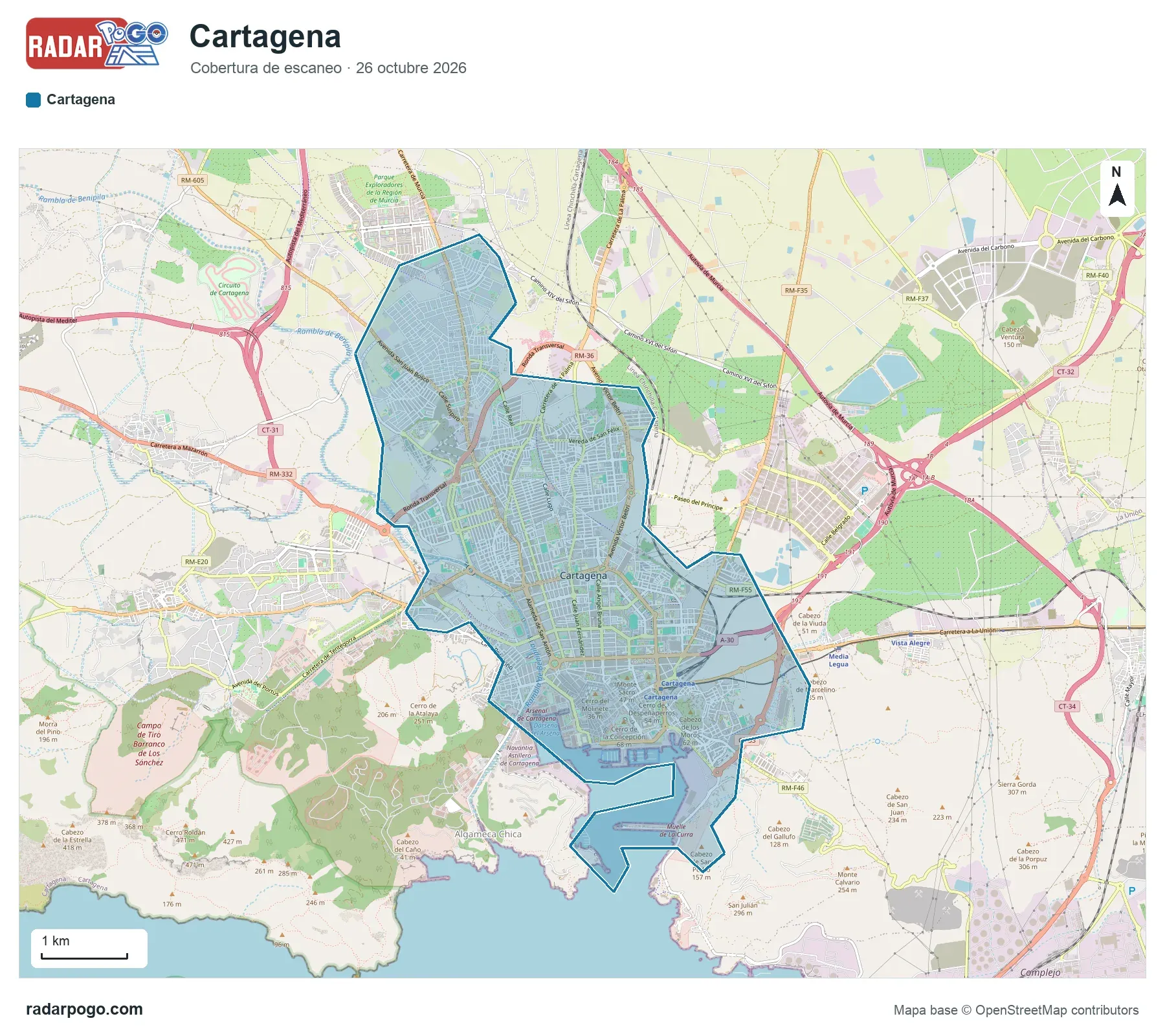 Mapa de la zona que escanea el radar de Cartagena, sobre OpenStreetMap: Calle Mayor y Ayuntamiento, Teatro Romano, Parque Torres, Muralla del Mar y puerto, Plaza de España, Estación de tren, Universidad Politécnica, San Antonio Abad y 5 zonas más.