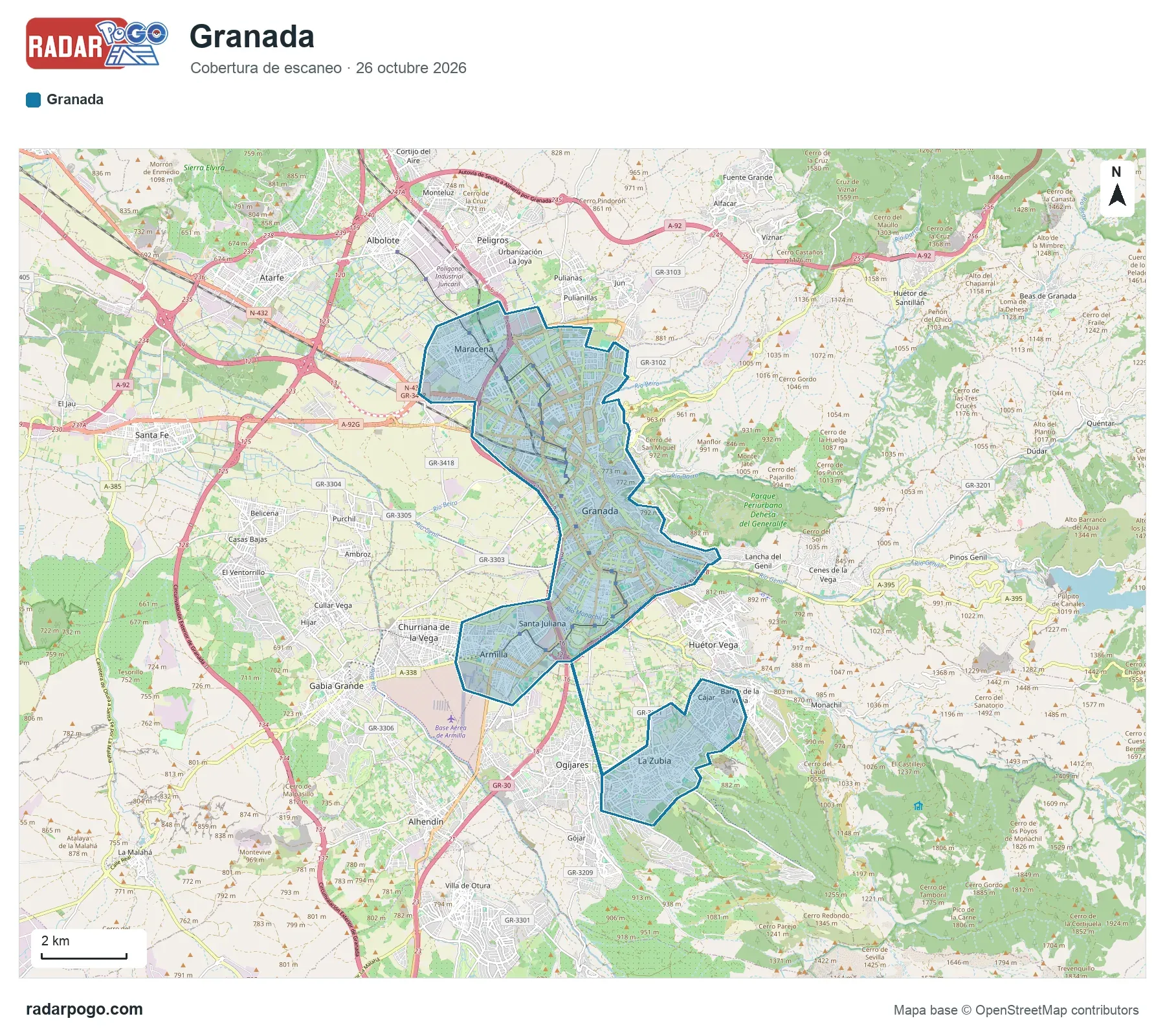 Mapa de la zona que escanea el radar de Granada, sobre OpenStreetMap: Centro y Recogidas, Paseo del Salón, Camino de Ronda, Plaza de Toros, Parque de las Ciencias, Zaidín, Parque Tecnológico de la Salud, La Chana y 4 zonas más.