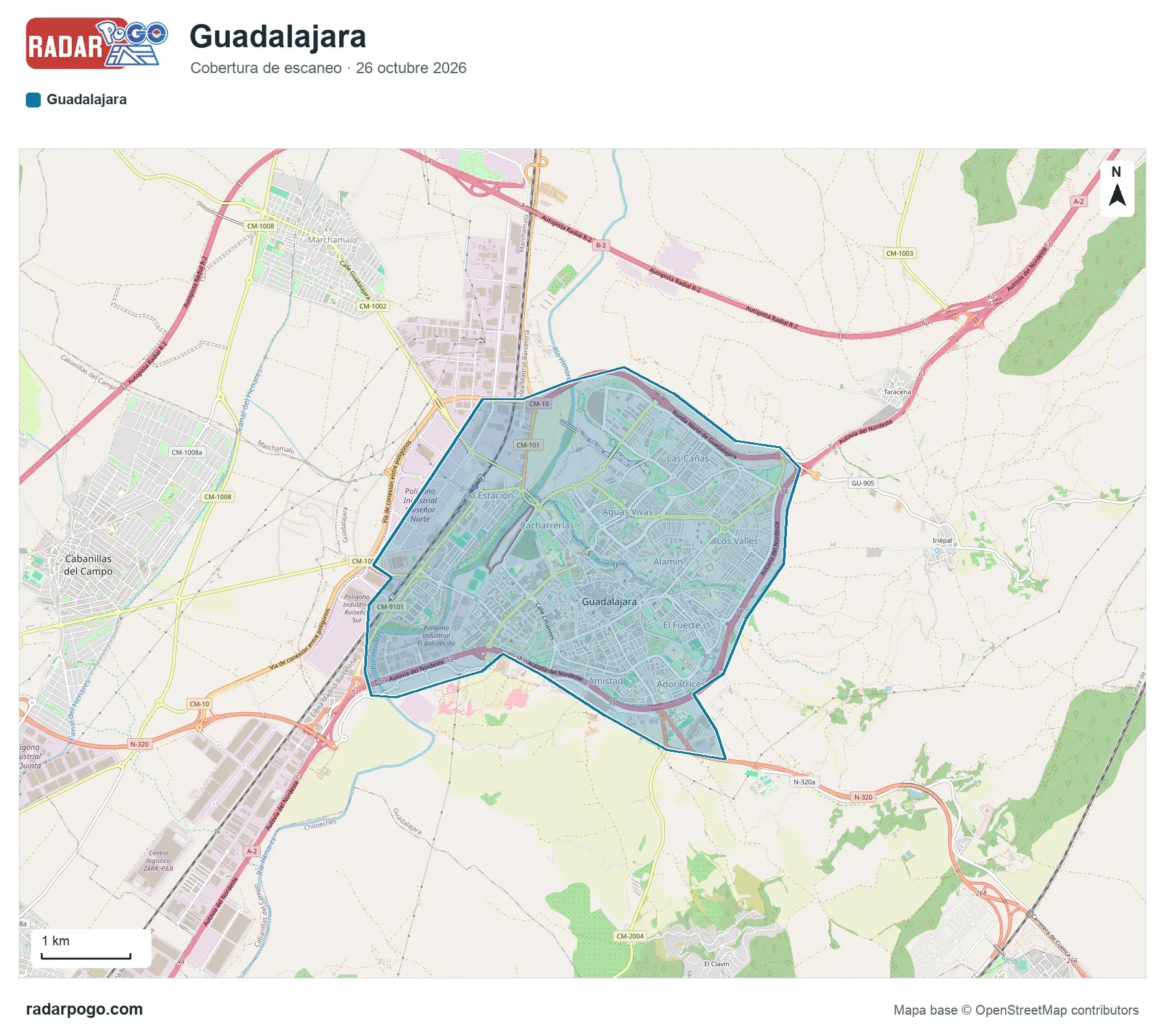Mapa de la zona que escanea el radar de Guadalajara, sobre OpenStreetMap: Centro y Plaza Mayor, Palacio del Infantado, Parque de la Concordia, Parque de San Roque, Zoo municipal, Ribera del Henares, Estación de tren, El Alamín y 4 zonas más.