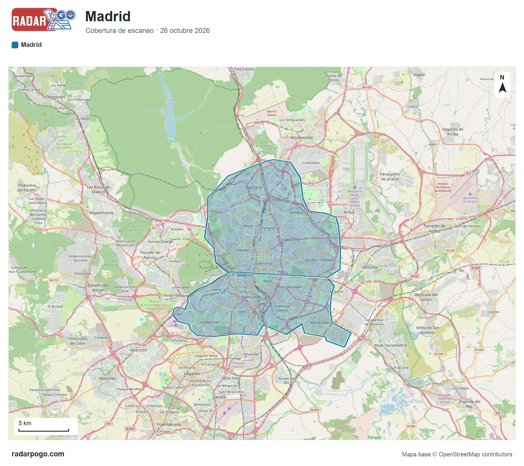 Mapa de la zona que escanea el radar de Madrid Centro – Este, sobre OpenStreetMap: Sol, Gran Vía y Palacio Real, Malasaña y Lavapiés, Retiro y Atocha, Barrio de Salamanca, Chamberí y Argüelles, Ciudad Universitaria y Parque del Oeste, Tetuán y Cuatro Caminos, Chamartín y Plaza de Castilla y 12 zonas más.