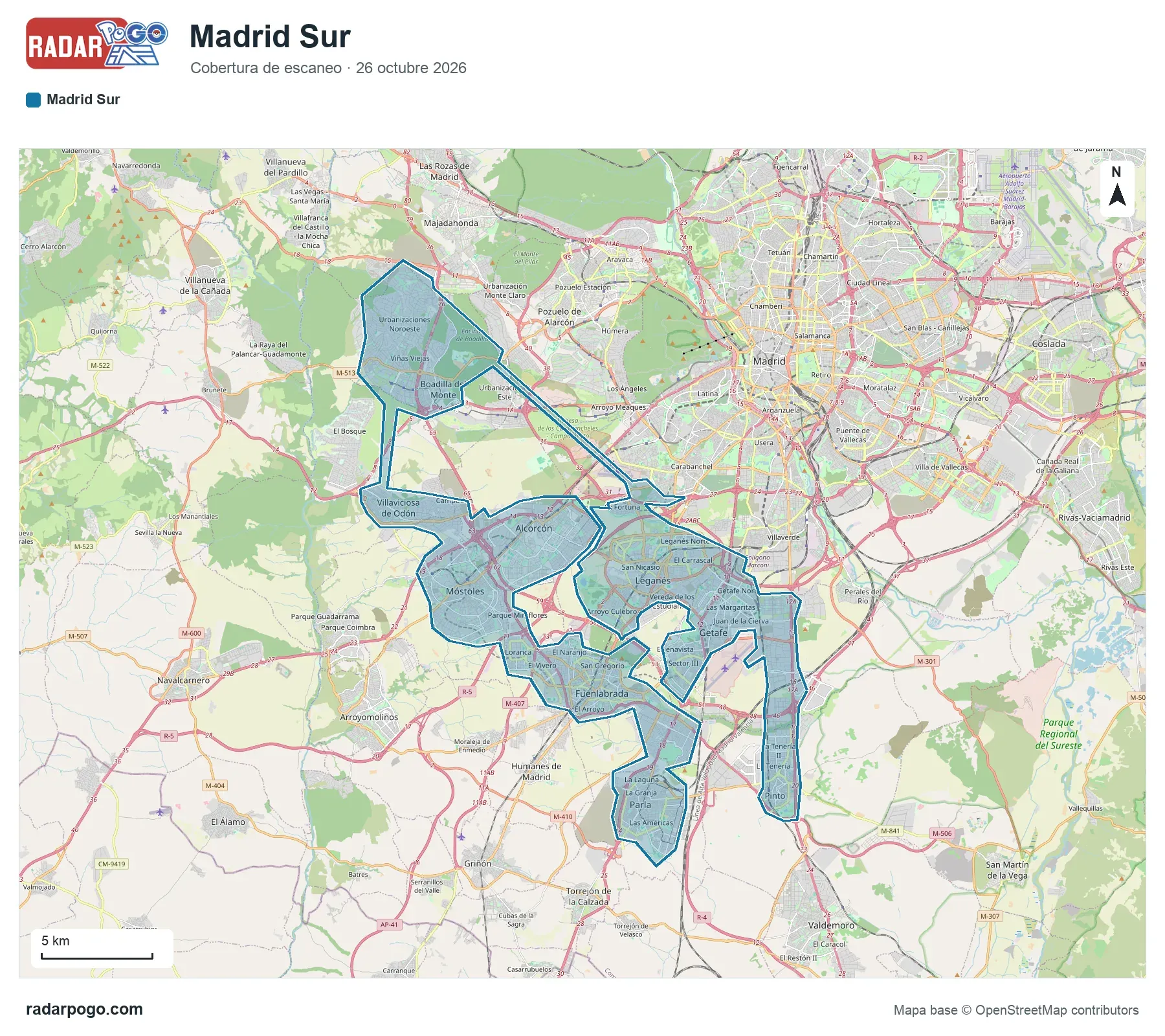 Mapa de la zona que escanea el radar de Madrid Sur, sobre OpenStreetMap: Getafe, Leganés, Fuenlabrada, Alcorcón, Móstoles, Parla, Pinto, Villaviciosa de Odón y 6 zonas más.