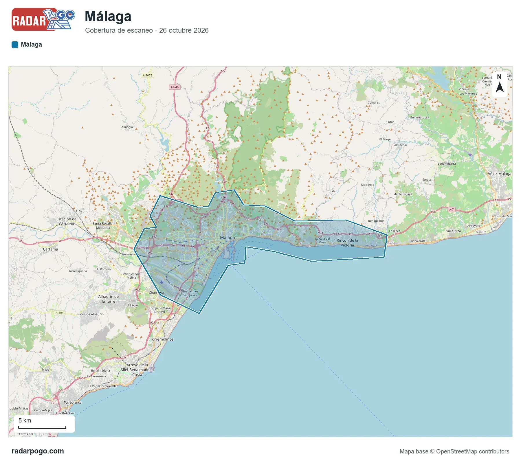 Mapa de la zona que escanea el radar de Málaga, sobre OpenStreetMap: Centro histórico y Soho, La Malagueta y Muelle Uno, Pedregalejo y El Palo, Cerrado de Calderón, Teatinos, Puerto de la Torre, Ciudad Jardín y La Rosaleda, Huelin y carretera de Cádiz y 4 zonas más.
