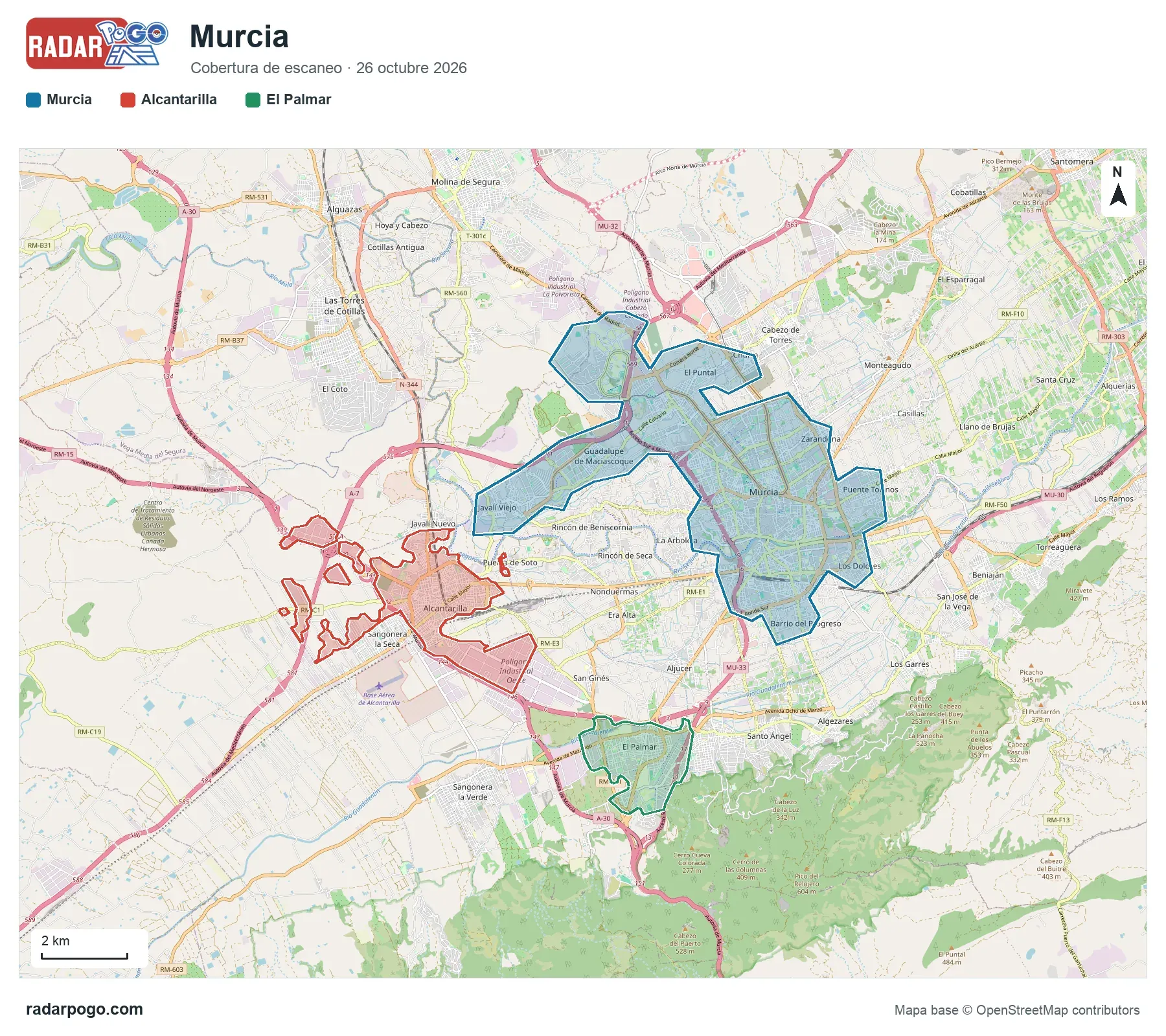 Mapa de la zona que escanea el radar de Murcia, sobre OpenStreetMap: Catedral y centro, Plaza Circular, Río Segura y Malecón, Puente de Hierro, El Carmen, Infante Juan Manuel, Santa María de Gracia, La Flota y 7 zonas más.
