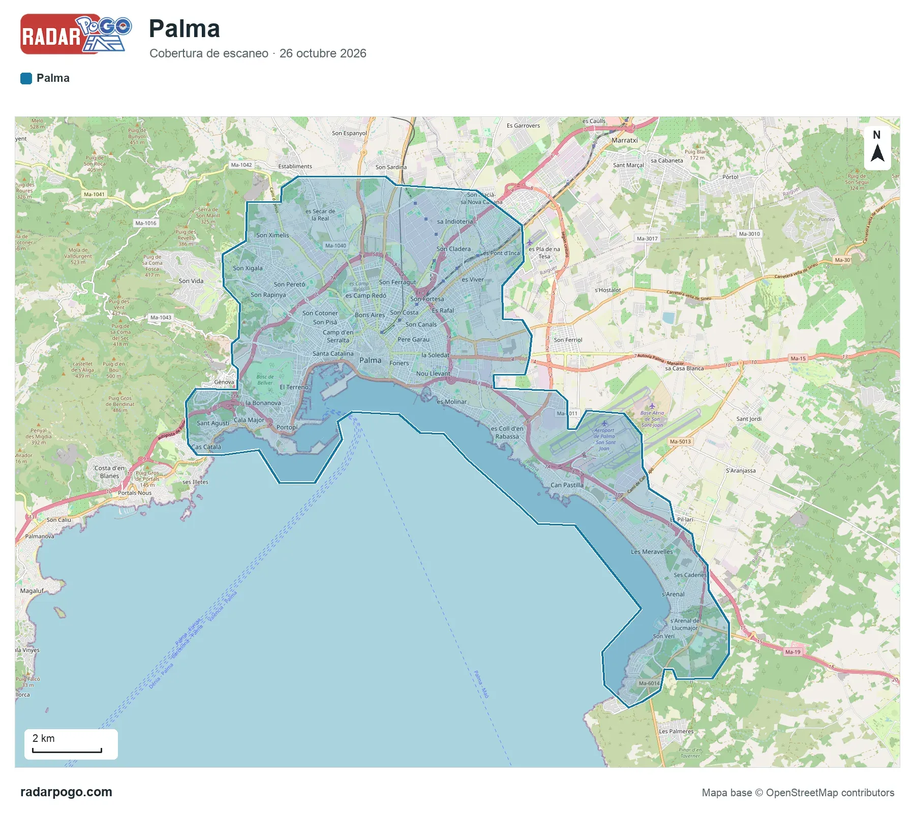 Mapa de la zona que escanea el radar de Palma de Mallorca, sobre OpenStreetMap: Centro y catedral, Santa Catalina y Es Fortí, Paseo Marítimo y Son Armadans, Castillo de Bellver, Pere Garau y Son Gotleu, Portixol y El Molinar, Coll d'en Rabassa y Ciudad Jardín, Can Pastilla y Playa de Palma y 4 zonas más.