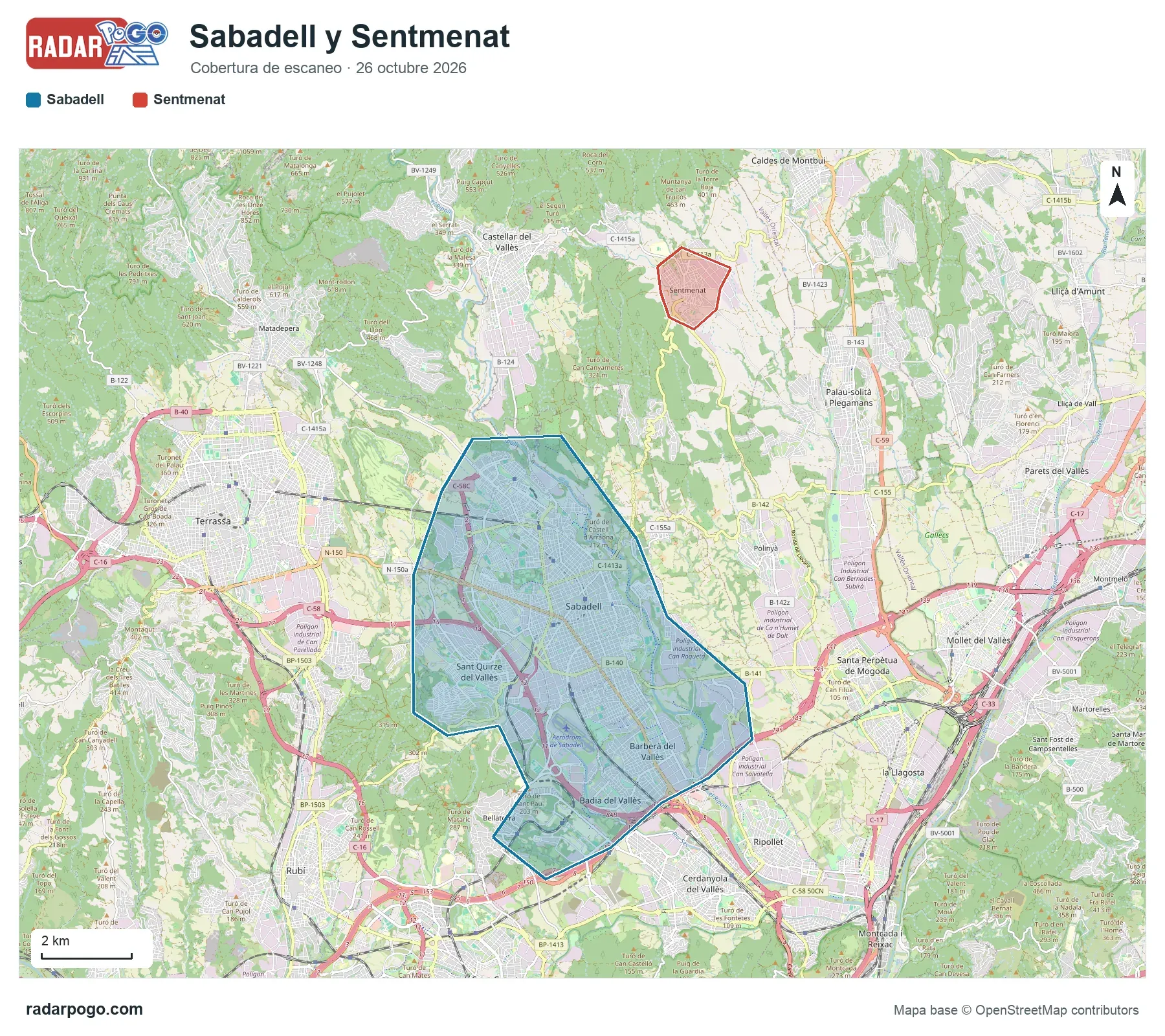Mapa de la zona que escanea el radar de Sabadell, sobre OpenStreetMap: Sabadell, Barberà del Vallès, Badia del Vallès, Sant Quirze del Vallès, Campus de la UAB, Sentmenat (casco urbano).