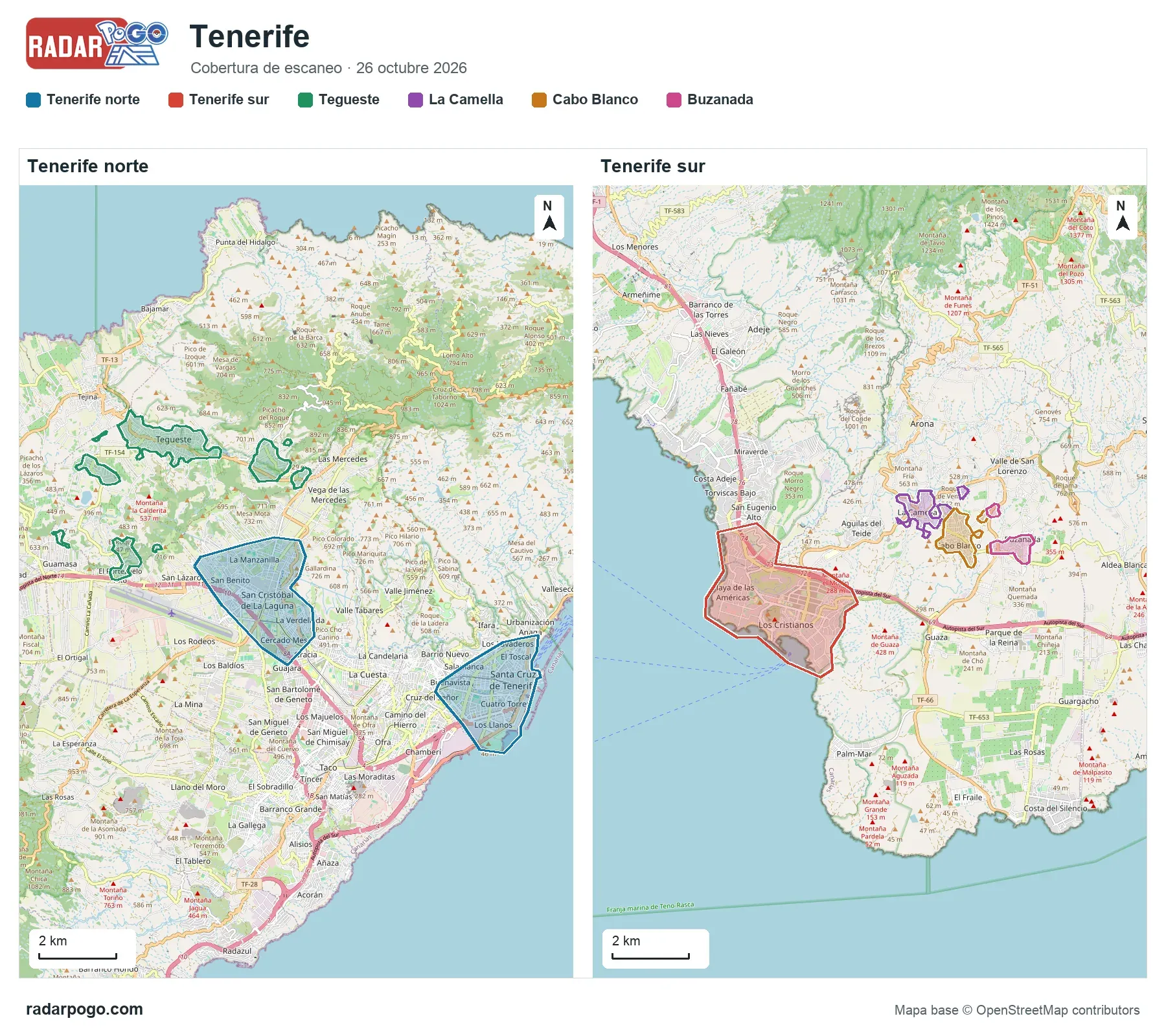 Mapa de la zona que escanea el radar de Santa Cruz de Tenerife, sobre OpenStreetMap: Santa Cruz: Weyler, la rambla y Duggi, Santa Cruz: plaza de la Paz y parque García Sanabria, La Laguna: casco, San Benito y La Verdellada, Tegueste, Playa de las Américas, Los Cristianos, La Camella, Cabo Blanco y 1 zonas más.
