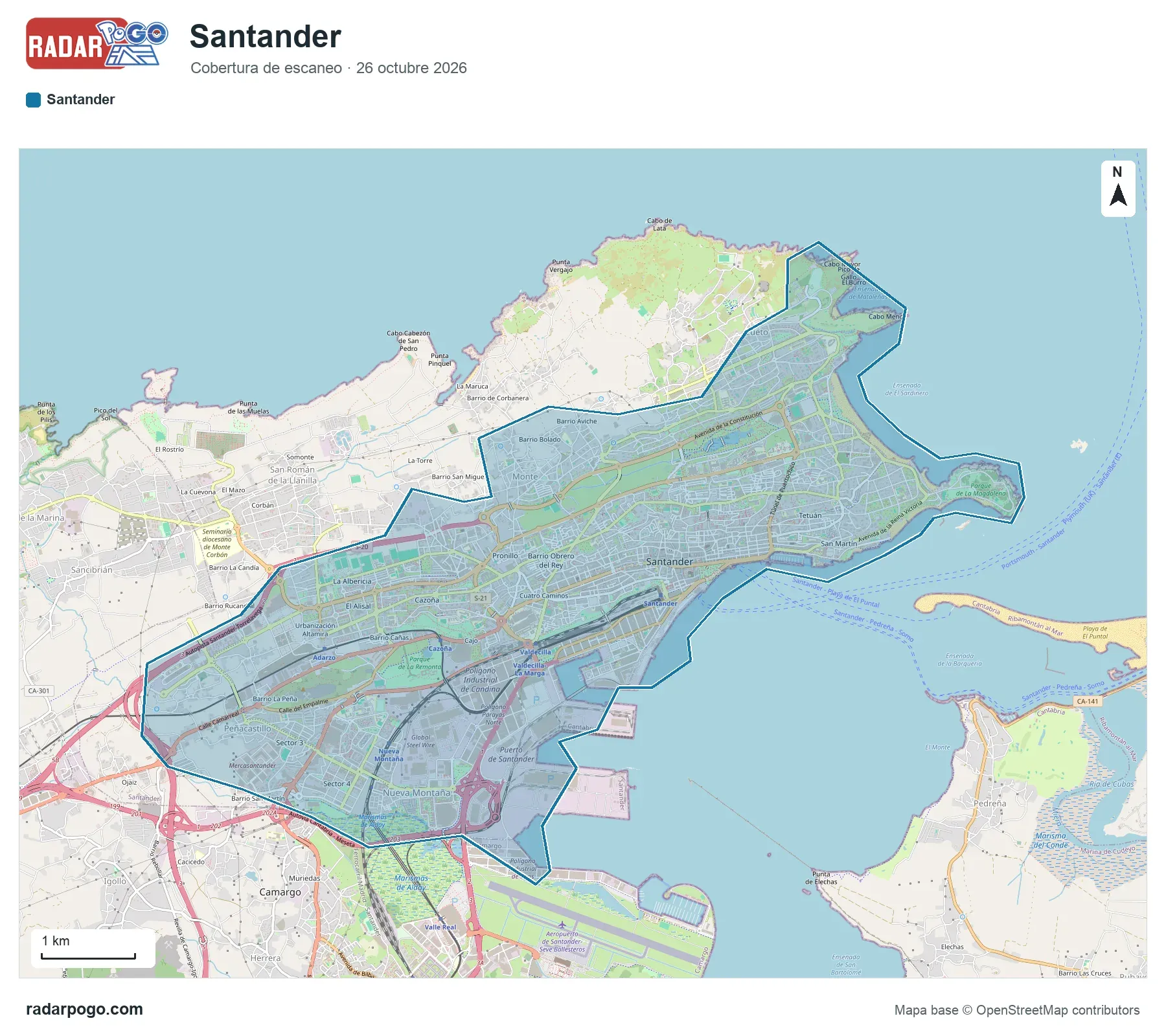 Mapa de la zona que escanea el radar de Santander, sobre OpenStreetMap: Centro y paseo de Pereda, El Sardinero, Canalejas, General Dávila, Cuatro Caminos y Valdecilla, Castilla-Hermida, Campus de Las Llamas, Cueto y 2 zonas más.
