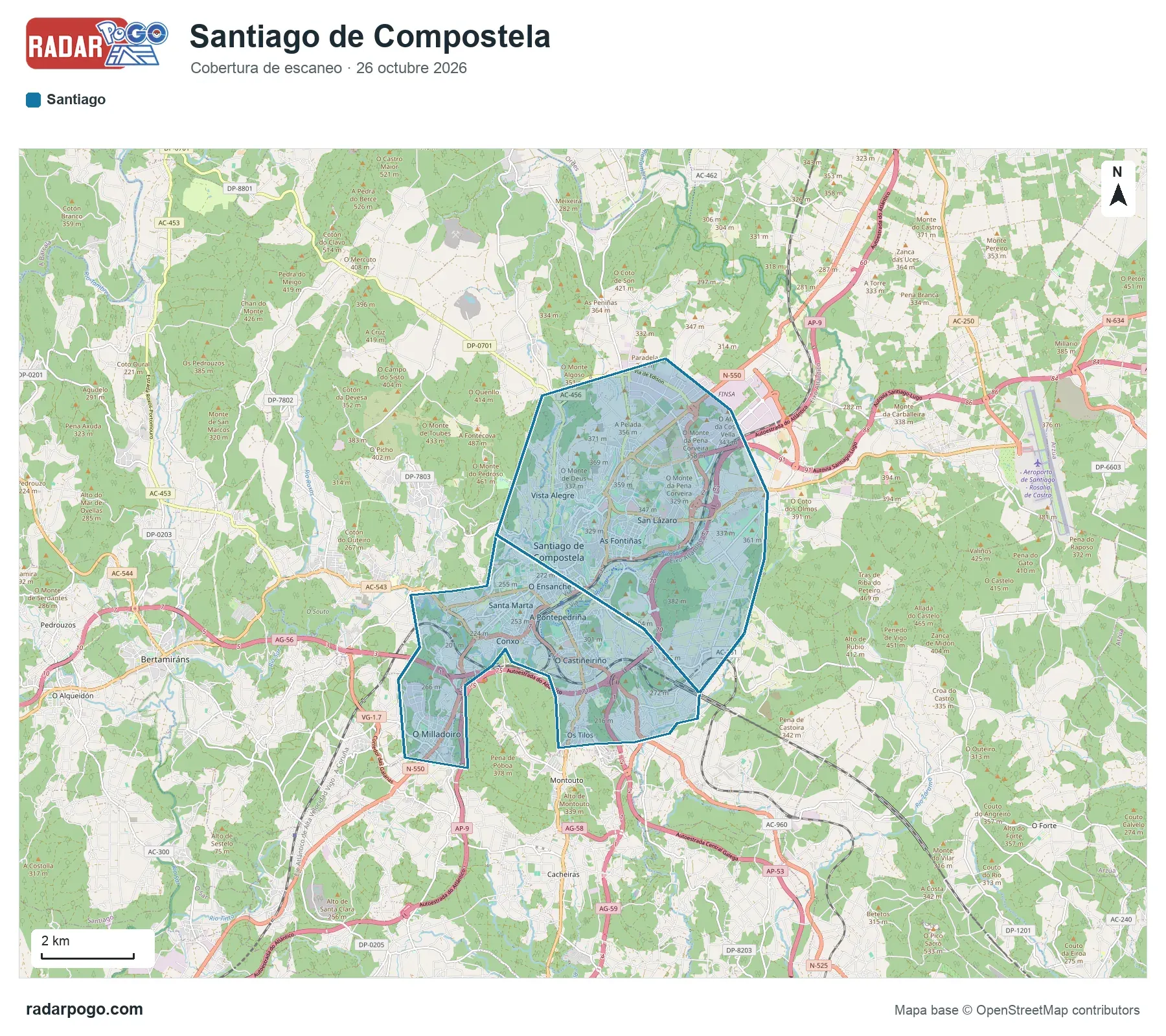 Mapa de la zona que escanea el radar de Santiago de Compostela, sobre OpenStreetMap: Zona vieja y praza de Abastos, Alameda, Ensanche, Campus Sur, Campus Norte, Fontiñas y avenida de Lugo, Vista Alegre, Parque Eugenio Granell y 5 zonas más.