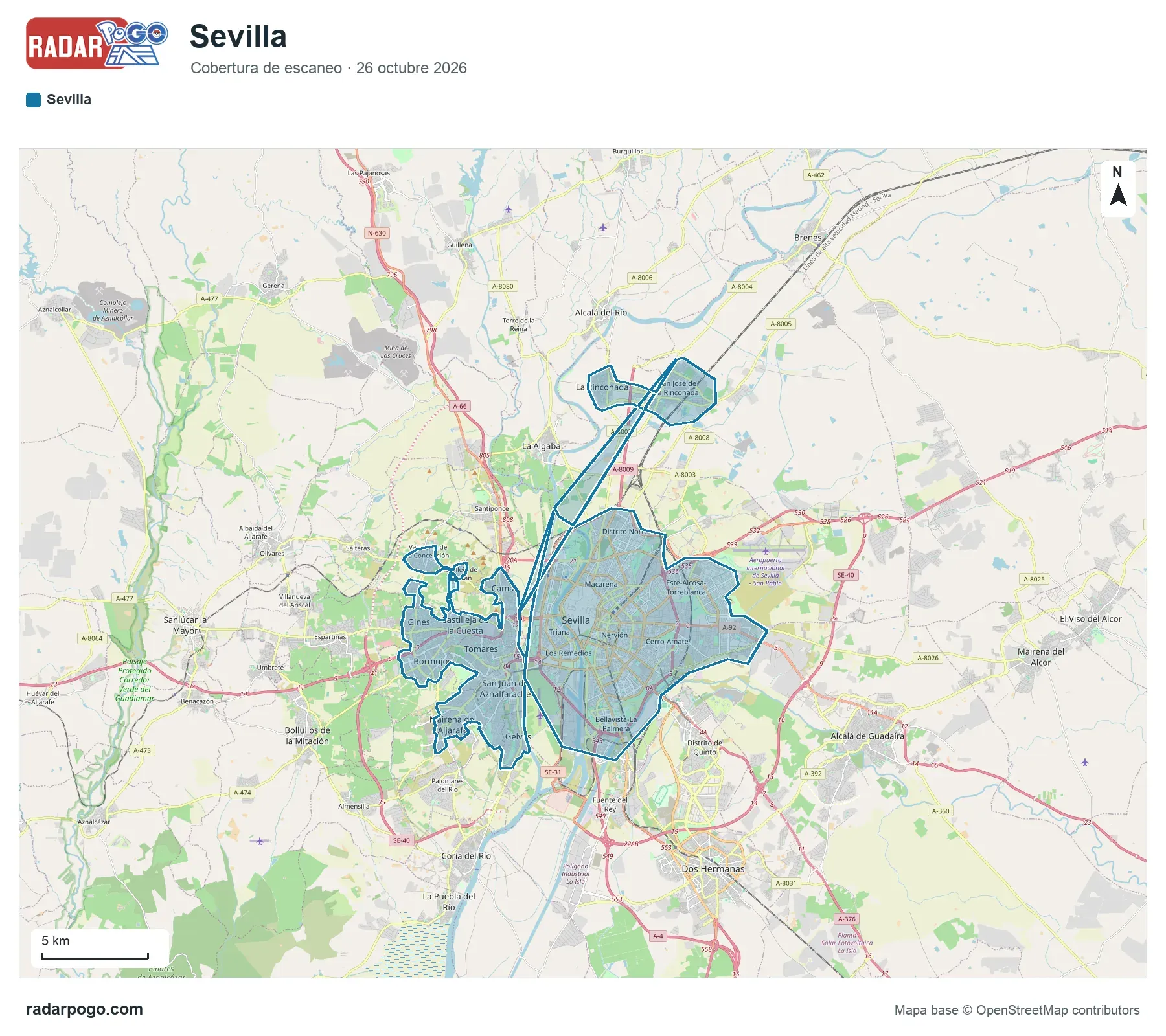 Mapa de la zona que escanea el radar de Sevilla, sobre OpenStreetMap: Casco antiguo, Triana, Los Remedios, Nervión, Macarena, Alameda de Hércules, Parque de María Luisa y plaza de España, Isla de la Cartuja y 10 zonas más.