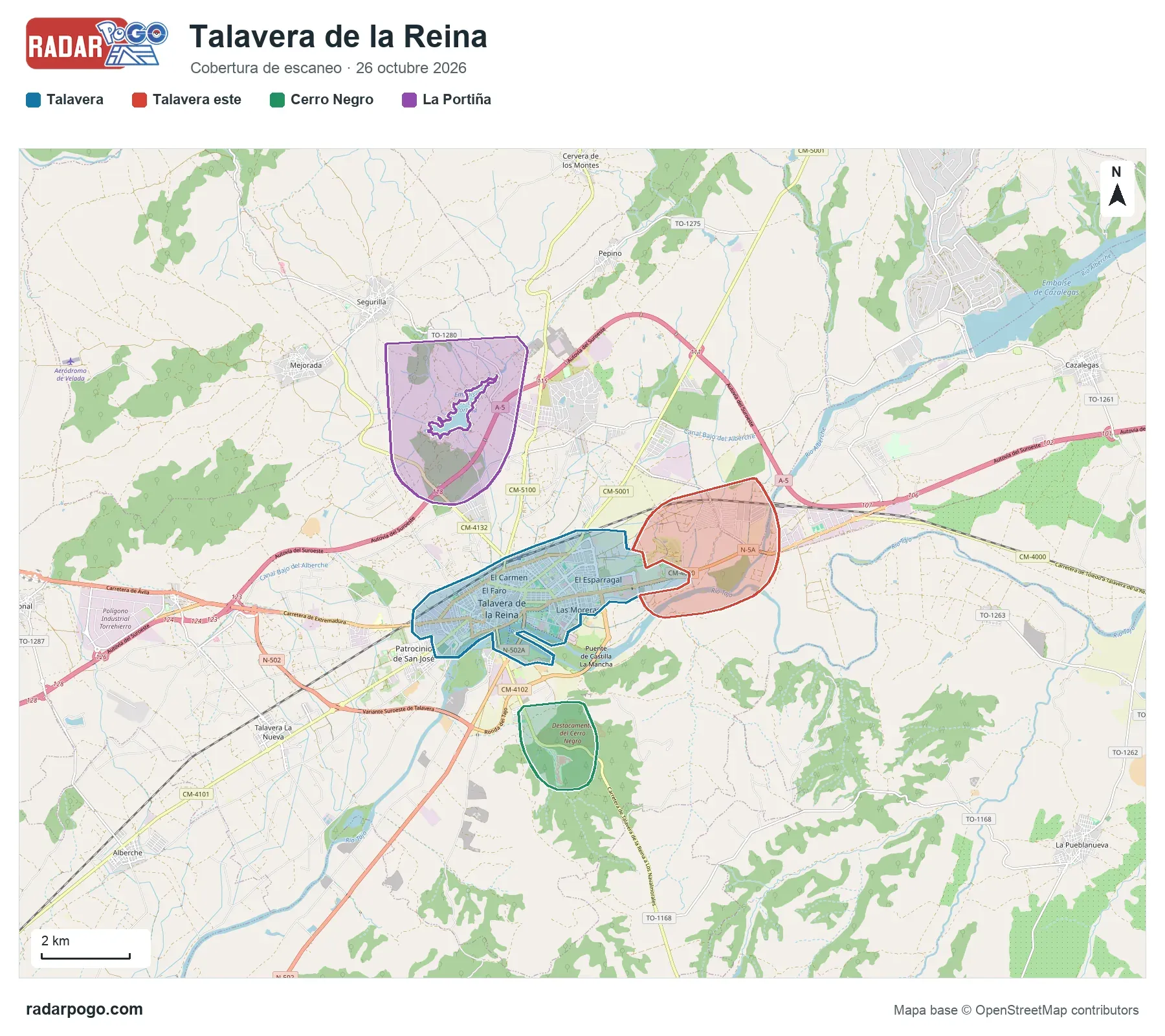 Mapa de la zona que escanea el radar de Talavera de la Reina, sobre OpenStreetMap: Centro y Plaza del Pan, Puente Romano, Ribera del Tajo, Basílica y Jardines del Prado, Avenida de Pío XII, Barrio de Santa María, Estación de tren, Hospital Nuestra Señora del Prado y 3 zonas más.