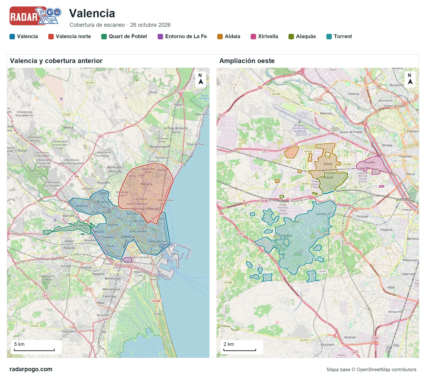Mapa de la zona que escanea el radar de Valencia, sobre OpenStreetMap: Ciutat Vella y Torres de Serranos, Jardín del Turia, Ciudad de las Artes y las Ciencias, Jardines de Monforte, Parque de Cabecera y Bioparc, Campanar y Nuevo Centro, Benicalap y Orriols, Benimaclet y 22 zonas más.