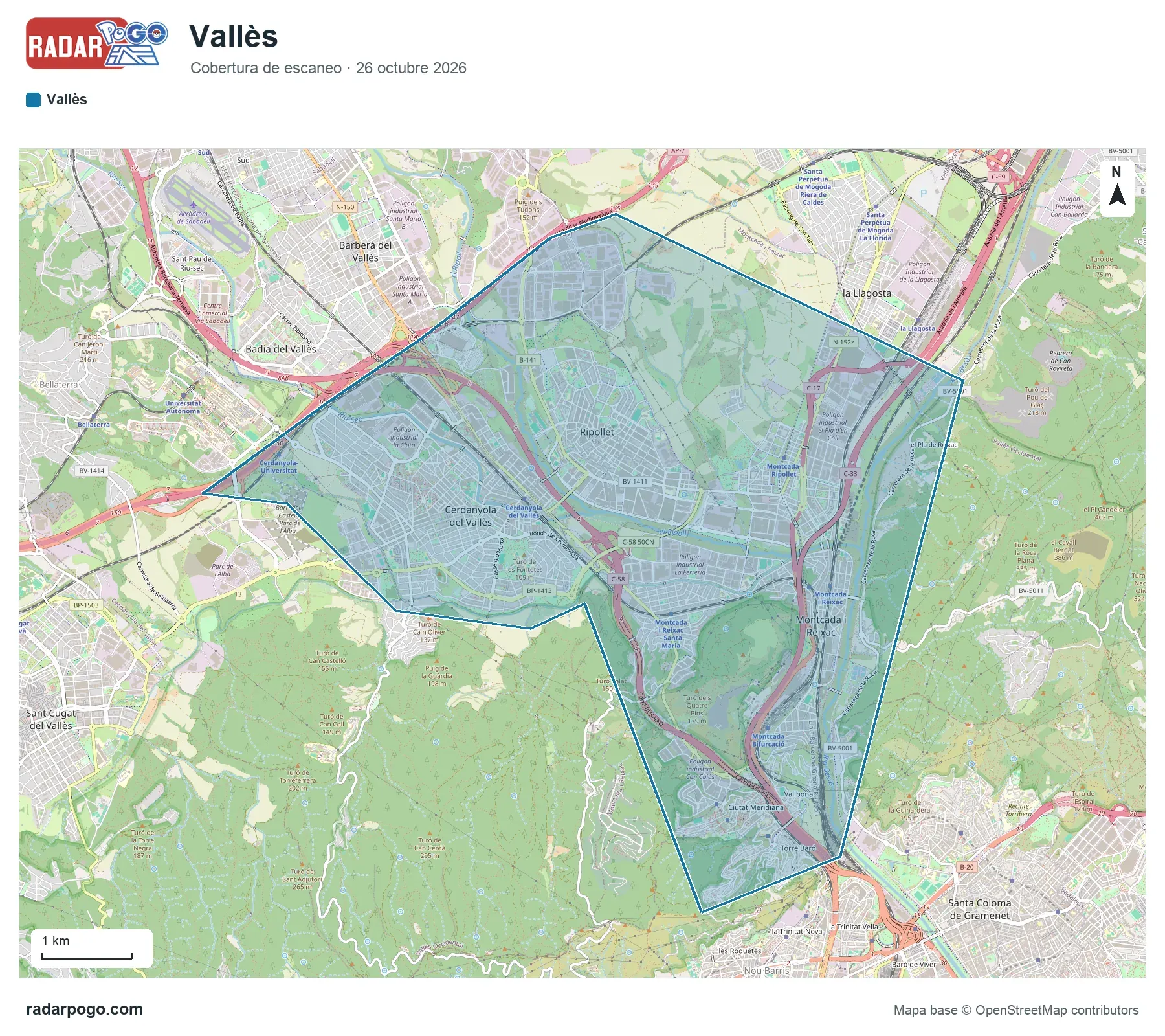 Mapa de la zona que escanea el radar de Vallès, sobre OpenStreetMap: Cerdanyola del Vallès, Ripollet, Montcada i Reixac.