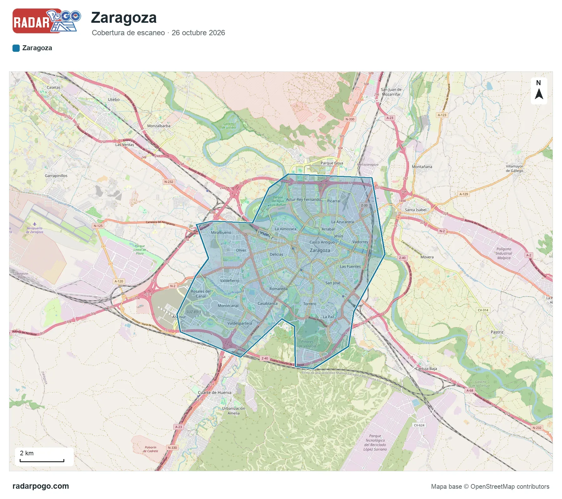 Mapa de la zona que escanea el radar de Zaragoza, sobre OpenStreetMap: Casco histórico y El Pilar, Centro y paseo de la Independencia, Arrabal y barrio de Jesús, Actur, Parque del Agua, Delicias, Aljafería, Universidad y 4 zonas más.